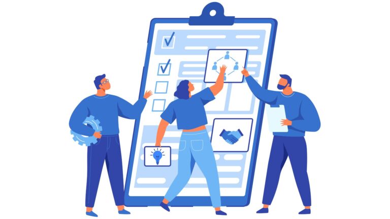 An illustration of employees building an employee pulse survey on a clipboard