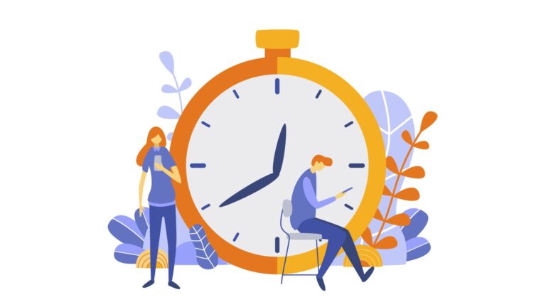 An illustration of employees sitting around a clock