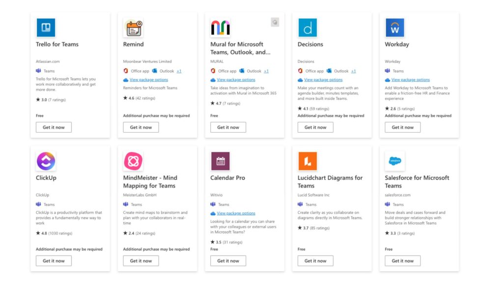 A screenshot of the Microsoft Teams integrations apps