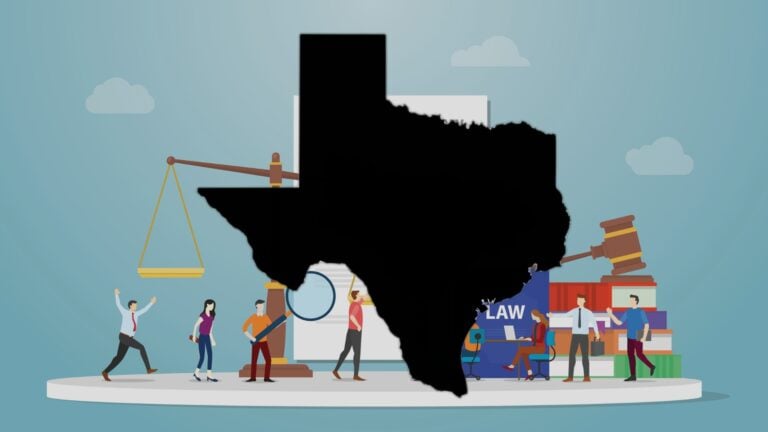 Silhouette of Texas against a backdrop of an illustration of labor law concepts