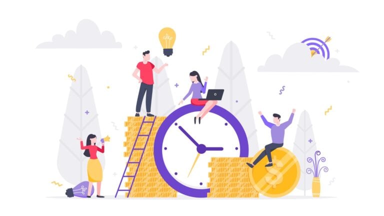An illustration of four employees sitting on a clock and a stack of coins