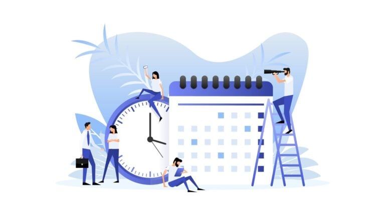 An illustration of employees around a timesheet and timeclock