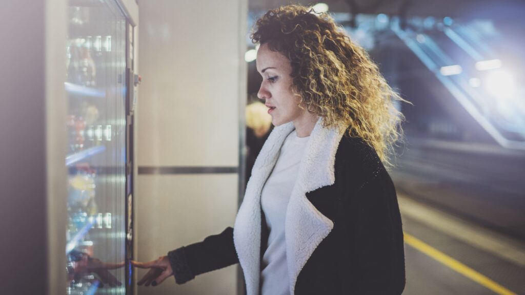 A young woman purchases goods from a vending machine at a train station.