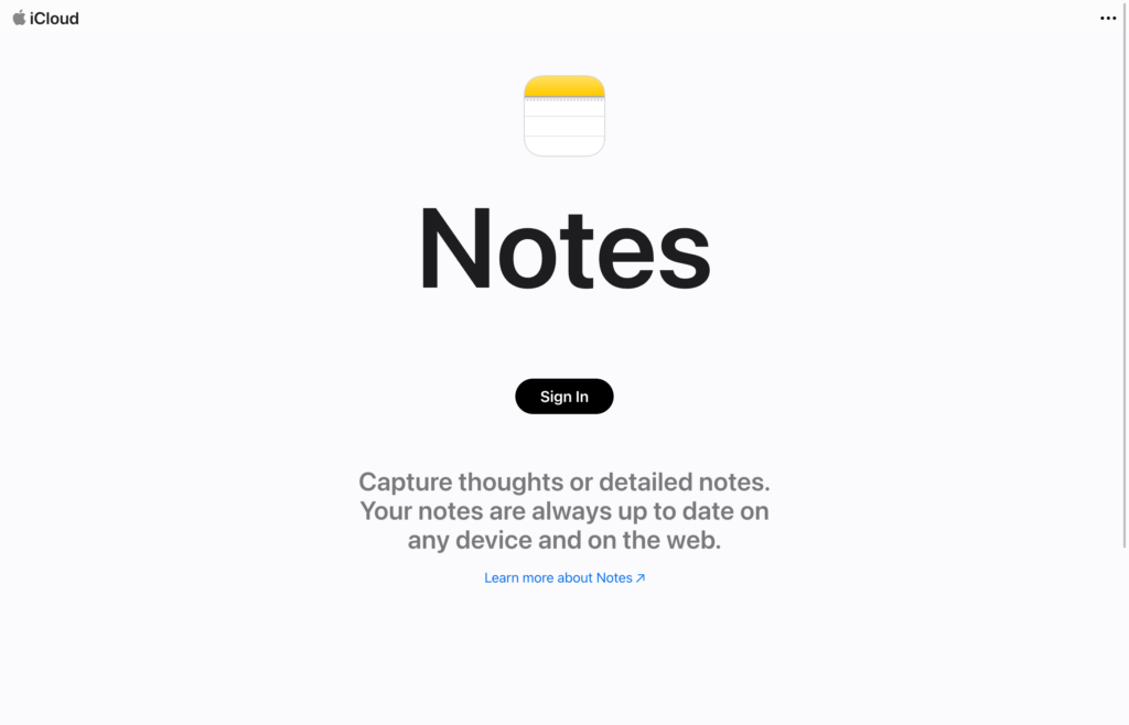 Screenshot of the Apple Notes webpage