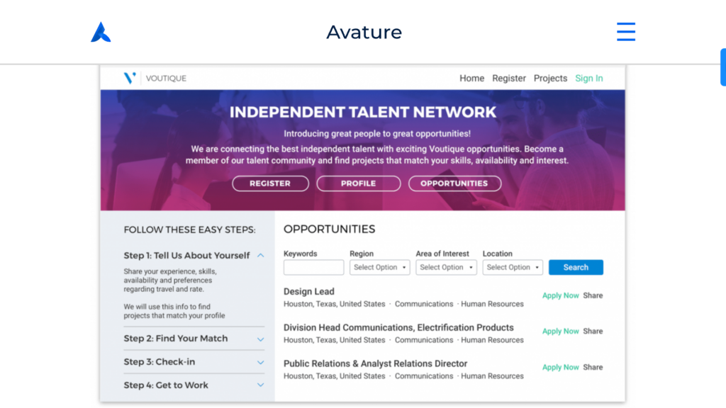Screenshot of Avature’s jobs dashboard, showing open roles that independent contractors can apply to.  
