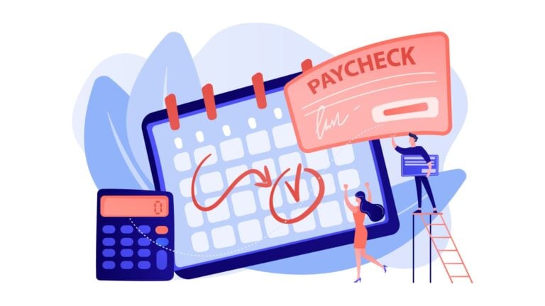 An illustration showing employees with a calendar, a calculator and a paycheck to illustrate the concept of calculating payroll hours.