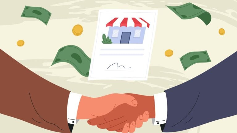 An illustration two hands shaking with money and a franchise agreement in the background