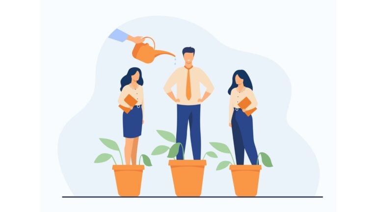 An illustration of employees being watered in planters to symbolize employee training