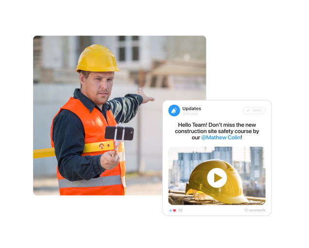 Employee in a work site with screenshot of the Connecteam Training feature