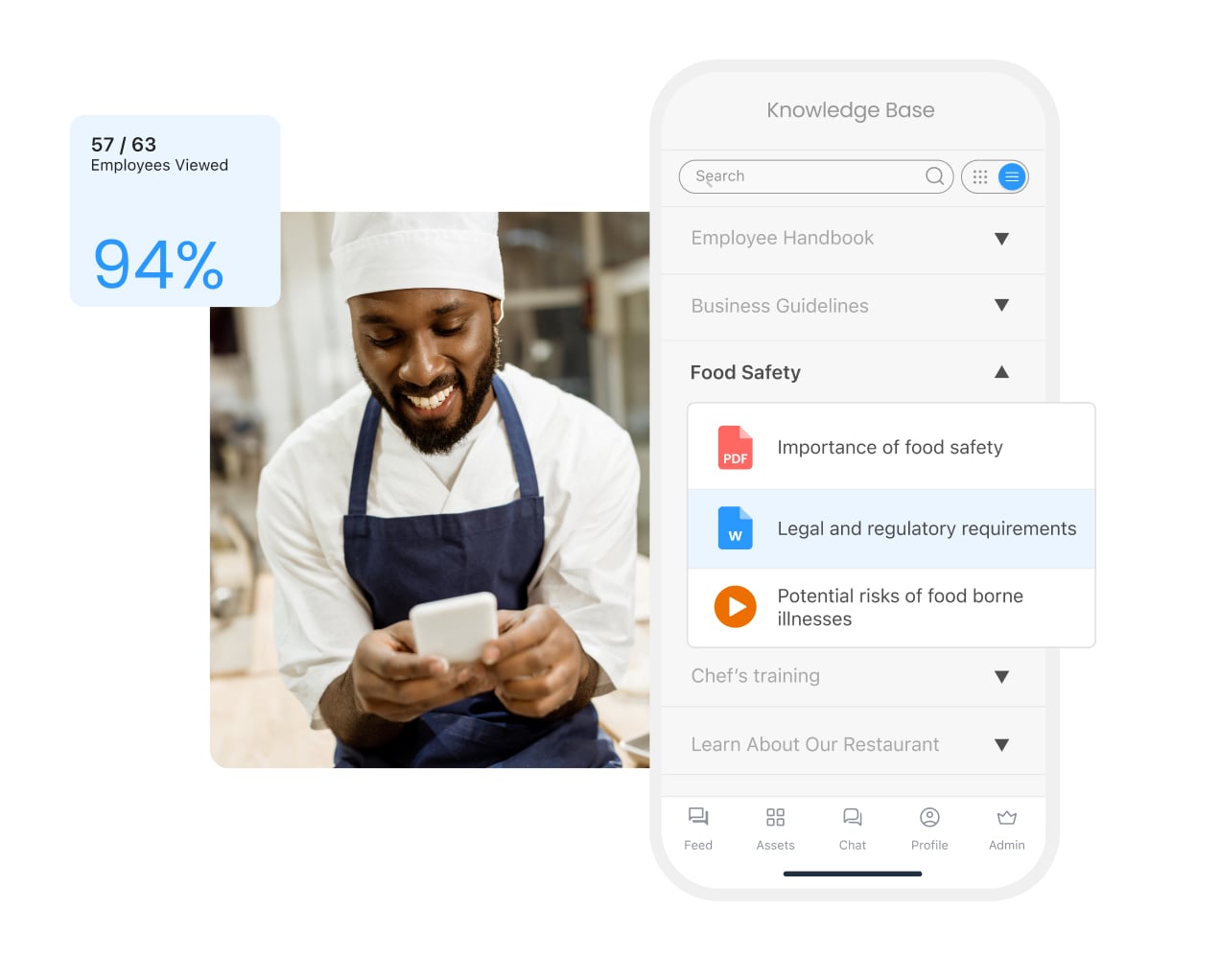 Employee using his phone with screenshot of the Connecteam Training feature