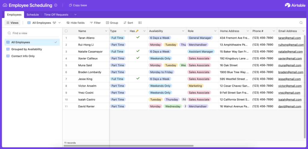Screenshot of Airtable employee scheduling template, showing a list of employee names, full-time and part-time labels, availability, and roles in colorful labels.