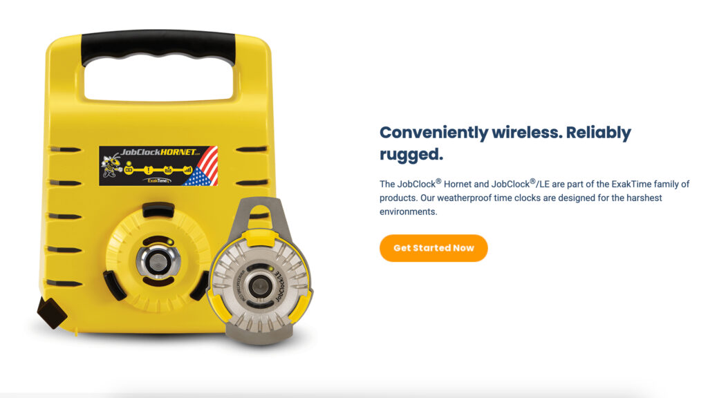 Screenshot of the ExakTime website, showing a photo of the yellow JobClock Hornet portable time clock. Text beside the photo reads, “Conveniently wireless. Reliably rugged. The JobClock Hornet and JobClock/LE are part of the ExakTime family of products. Our weatherproof time clocks are designed for the harshest environments.”