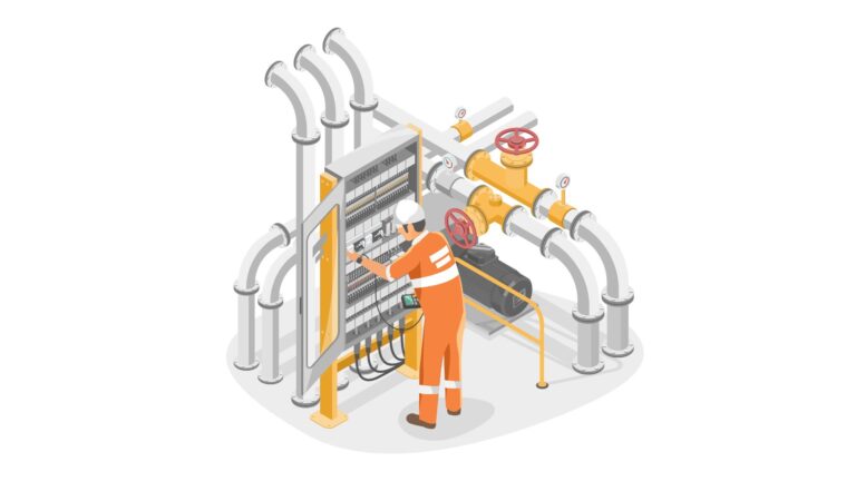 An illustration of an electrical engineer performing maintenance work in a plant