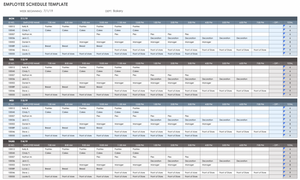 Screenshot of Smartsheet’s employee schedule template, showing employees’ names, shift times, and duties for the week. 