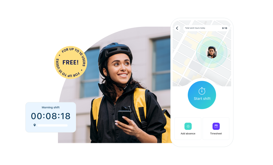 a delivery worker smiling while illustration of her location on connecteam app is shown