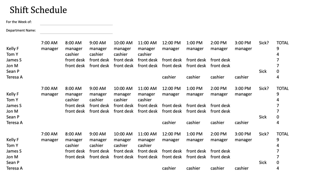 Screenshot of TemplateLab’s weekly shift template, showing employee names, job titles, and hours scheduled for a workweek. 