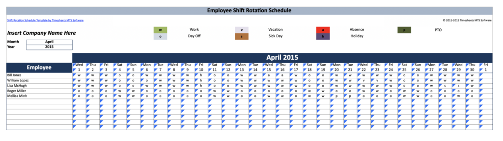 Screenshot of Time Clock MTS’s shift rotation template, showing employee names, dates for the month, and letters noting whether each employee is on or off from work each day. 