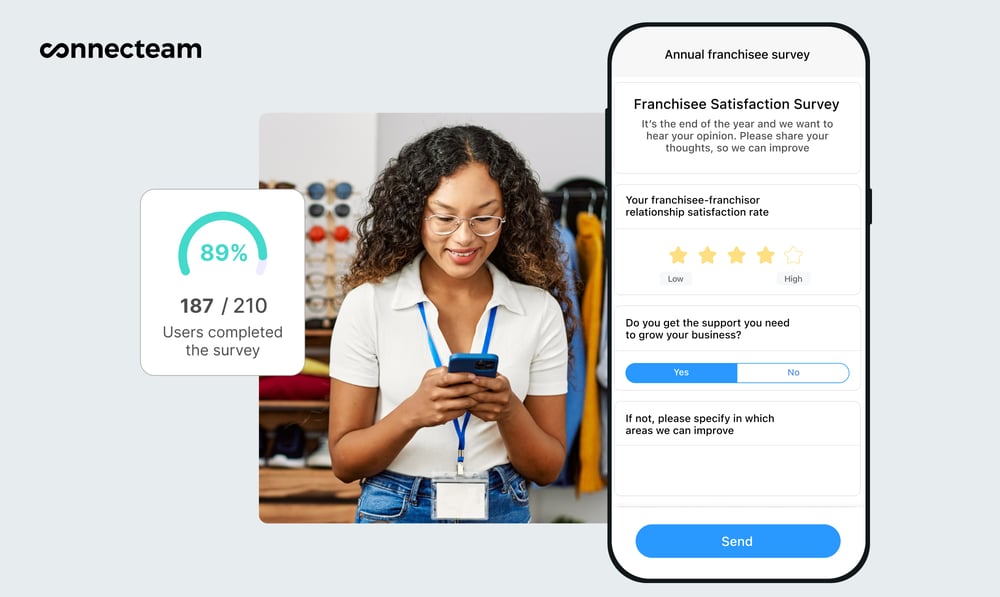 An image of a franchise employee taking a franchisee survey with Connecteam