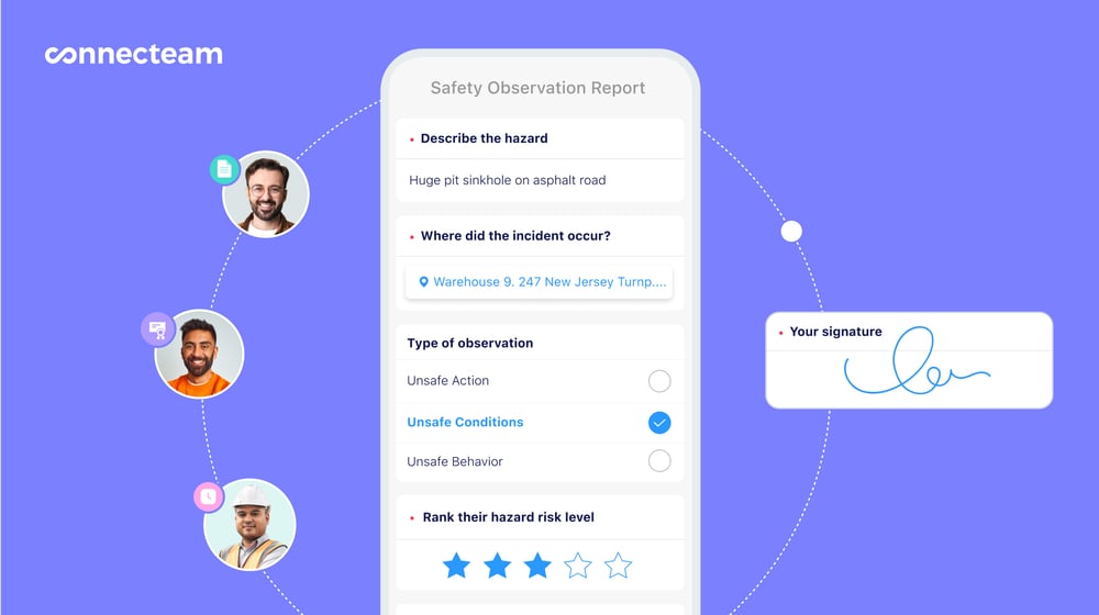 An illustration showing the Forms and Checklists interface of the Connecteam app interface