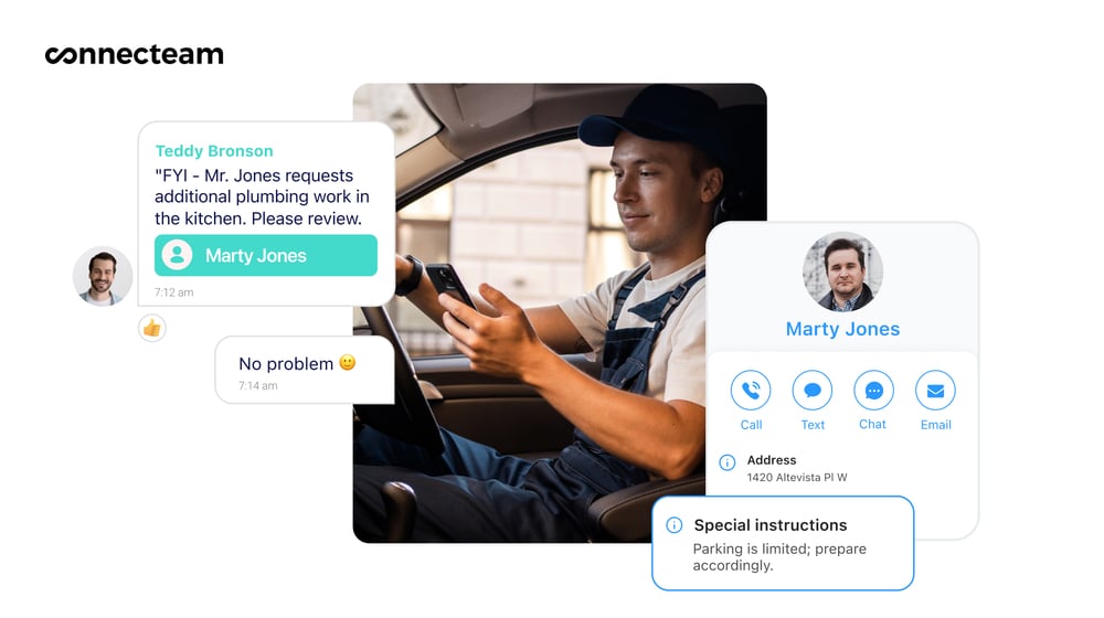 A composite image showing a field service worker receiving updates about his assignment in his Connecteam app