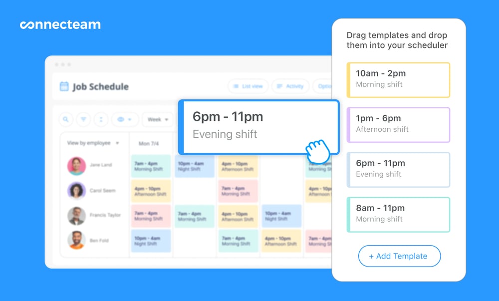 Connecteam schedule desktop illustration and feed mobile illustration 