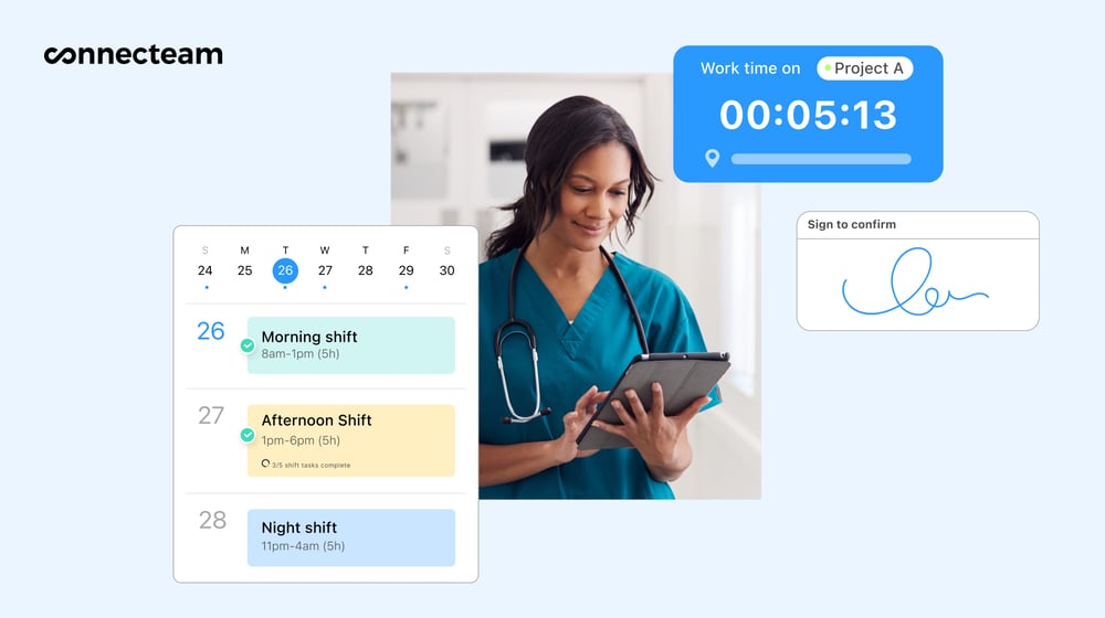 A graphic showing the employee scheduling feature with a healthcare worker in the Connecteam app.