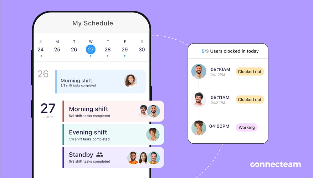 An illustration of a schedule in a calendar and time clock statuses of workers 