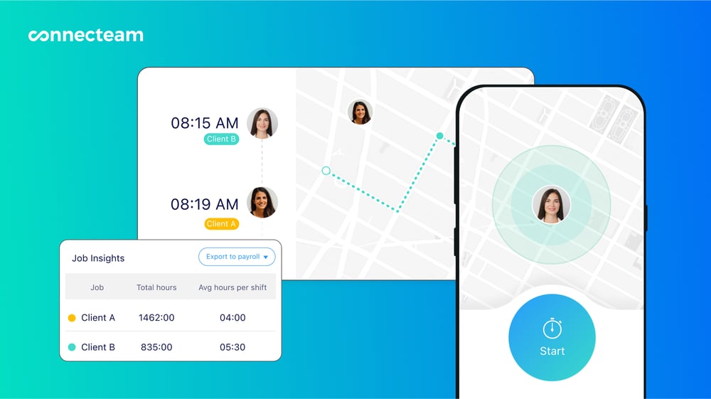 An illustration showing Connecteam’s time clock interface