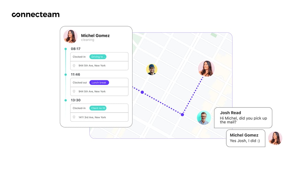 An illustration showing Connecteam’s time clock interface