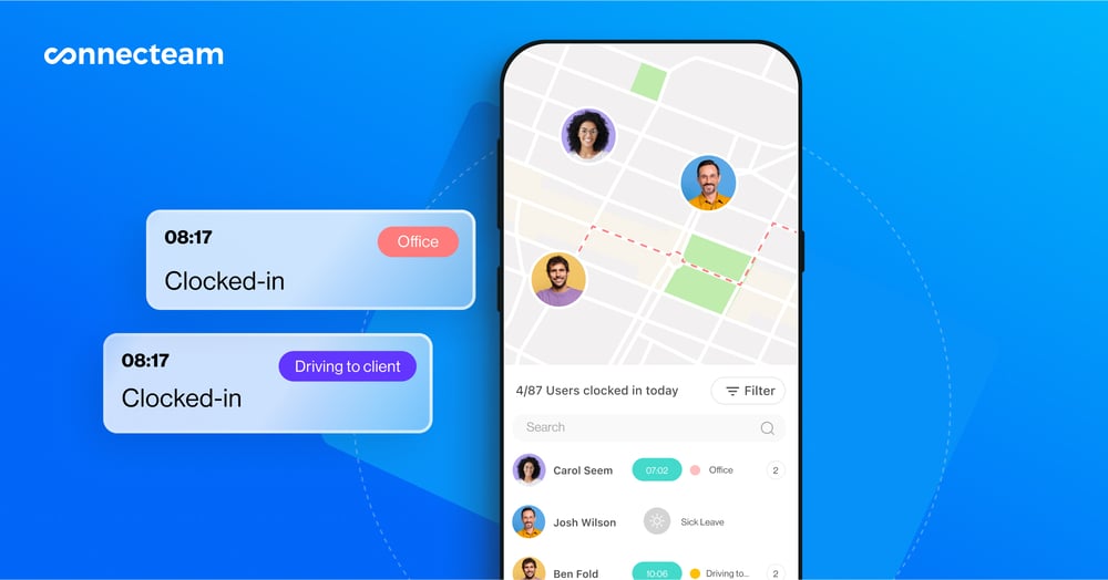 An illustration showing Connecteam’s time clock interface