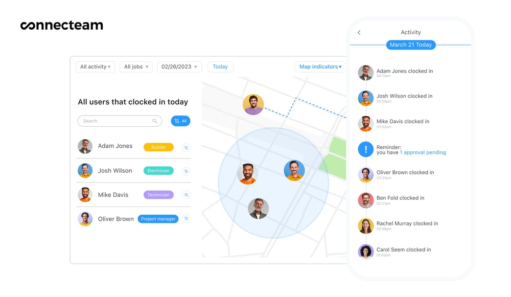 Connecteam's time clock feature manager view