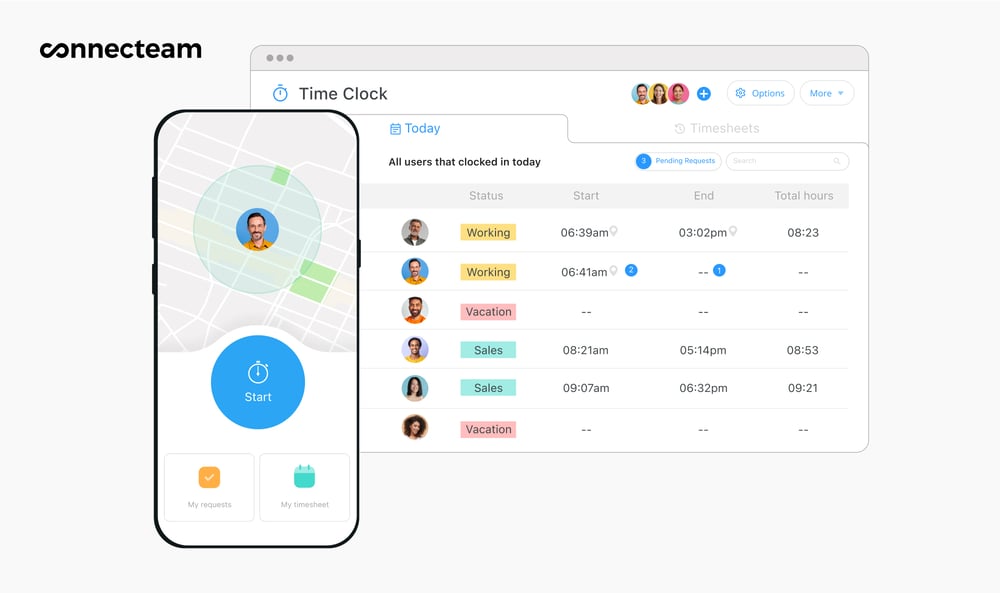 time clock desktop and clock in illustration on a mobile