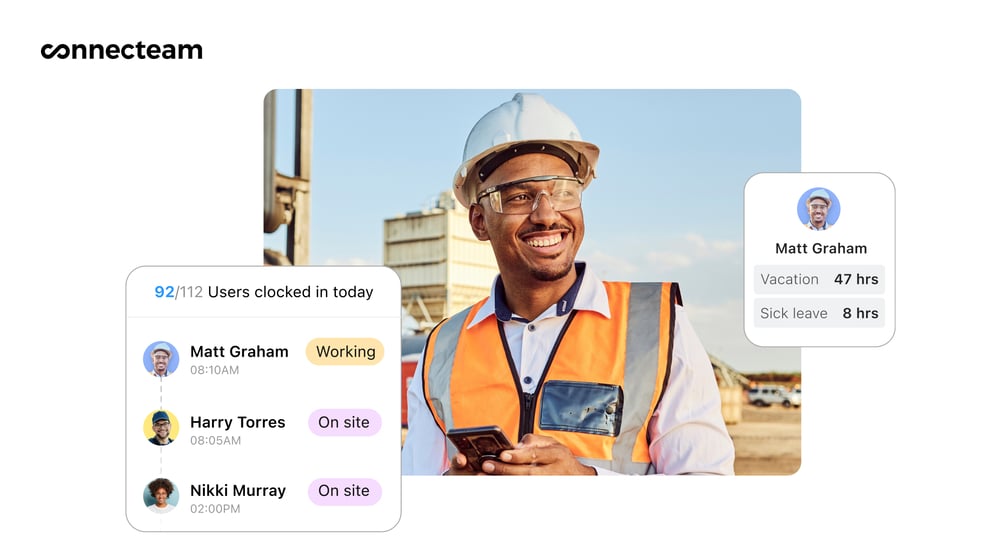 A worker smiling and holding his phone that shows status of working hours and PTO 