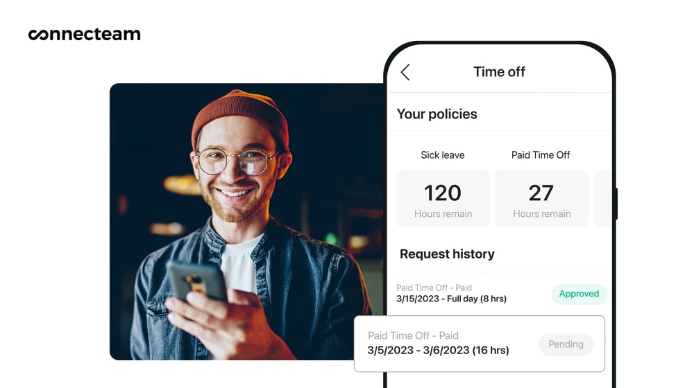 A image of a worker next to a mobile phone with the Connecteam app showing the worker's accrued vacation and sick days