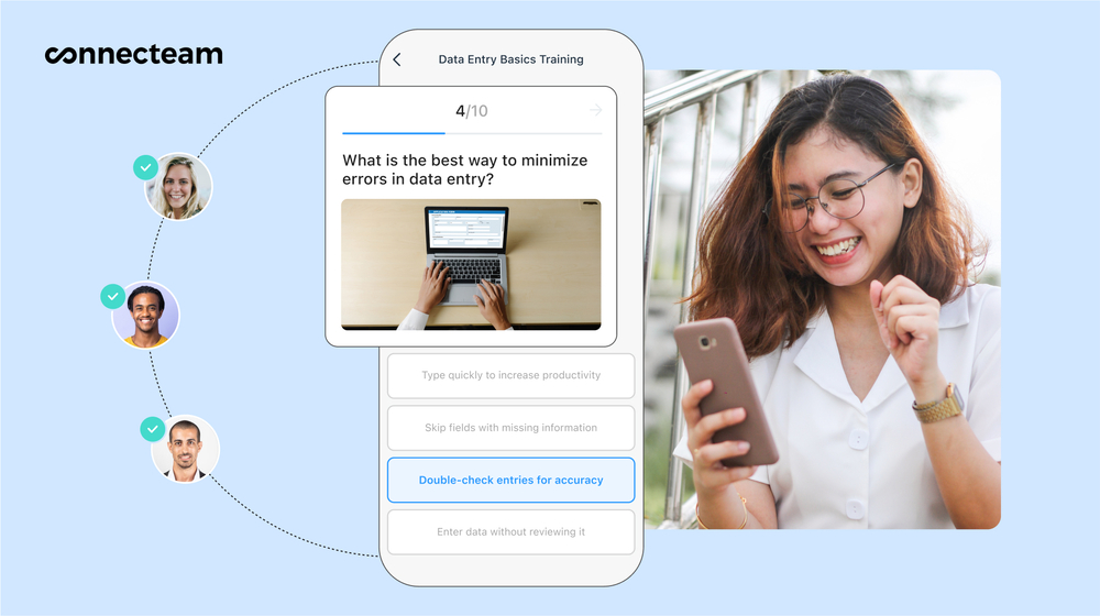 A happy worker takes an onboarding quiz on the Connecteam app