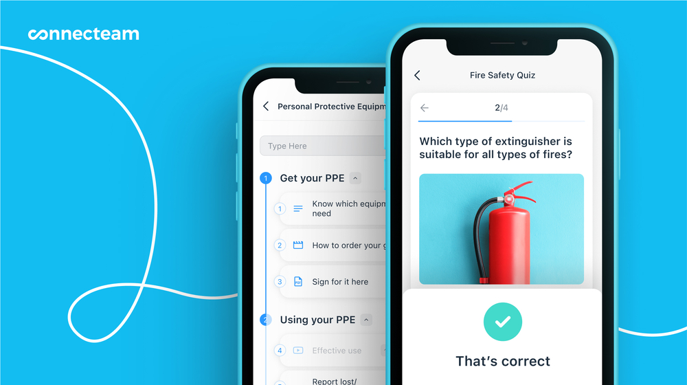 A graphic showing examples of Connecteam's Training & Onboarding feature with a PPE course and a Fire Safety Quiz.