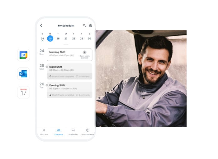 Driver picture with screenshots of the Connecteam scheduling feature