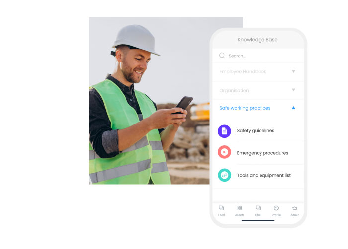 An employee with screenshots of the Connecteam app