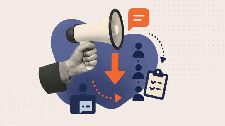 A collage of a hand holding a megaphone next to arrows pointing down to symbolize downward communication