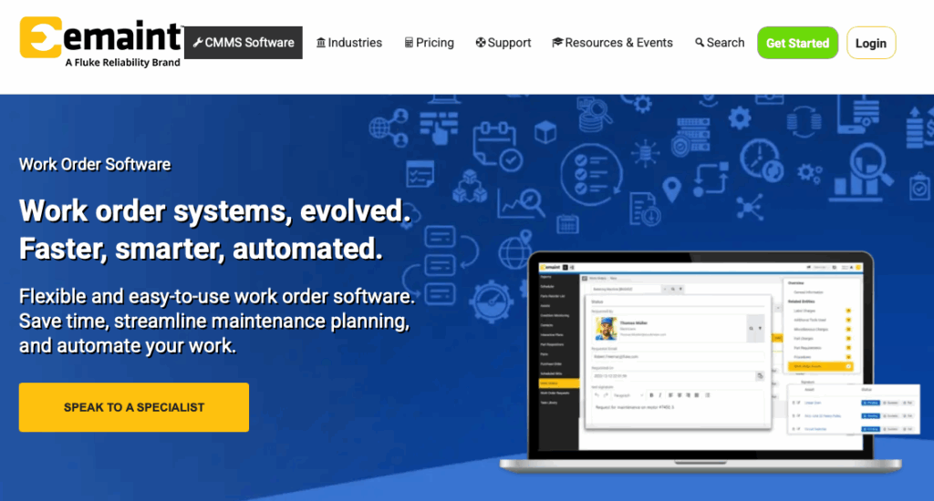 Screenshot of the eMaint CMMS webpage