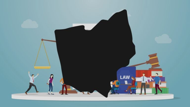 An outline of Ohio against a backdrop of labor law concepts