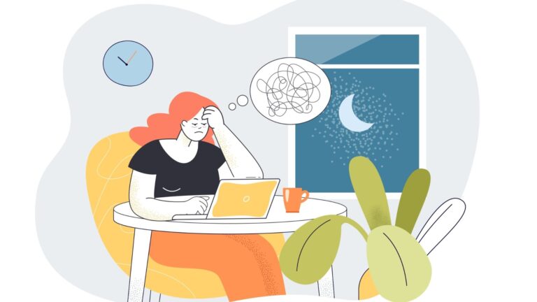 An illustration of an exhausted worker at her desk working overtime