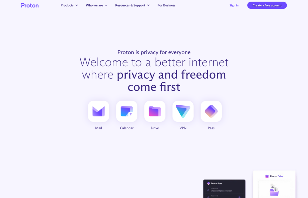 Screenshot of the ProtonMail webpage
