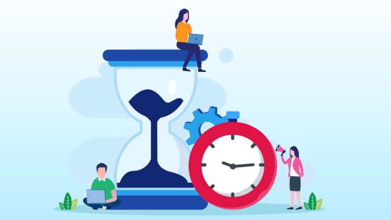 An illustration of employees sitting around an hour glass to symbolize an employee time clock machine