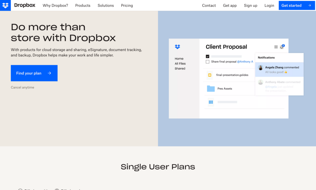 Screenshot of the Dropbox Business webpage