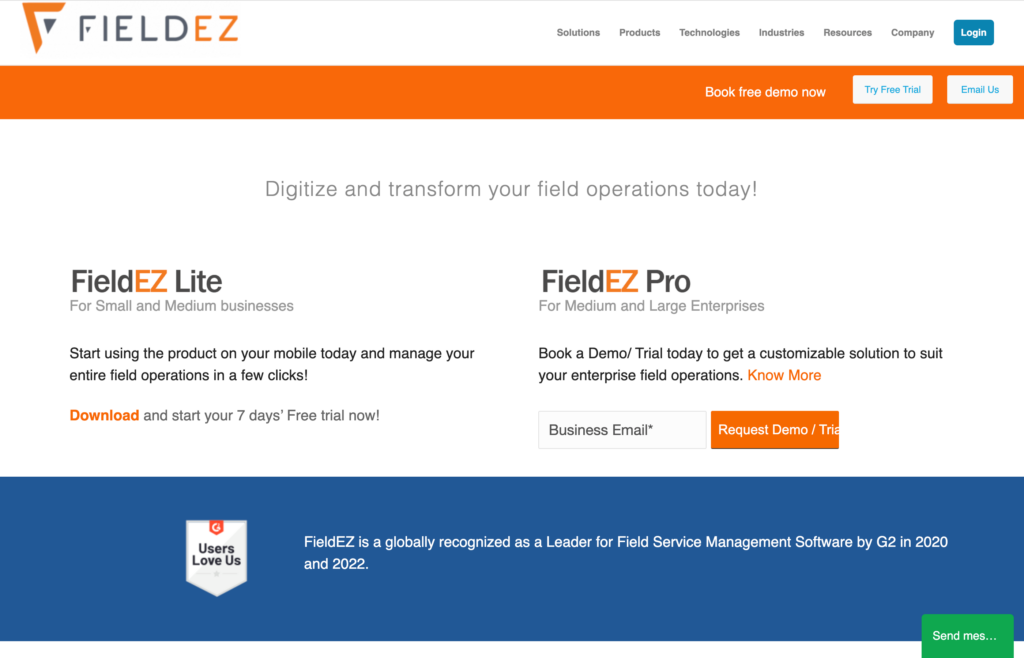 Screenshot of the FieldEZ webpage