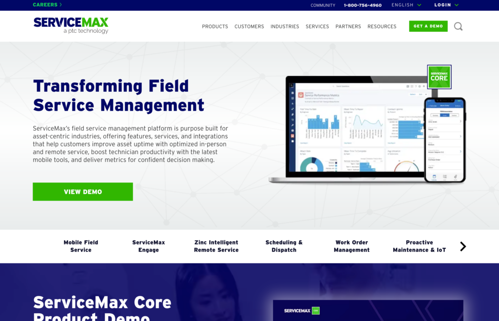 Screenshot of the ServiceMax Core webpage