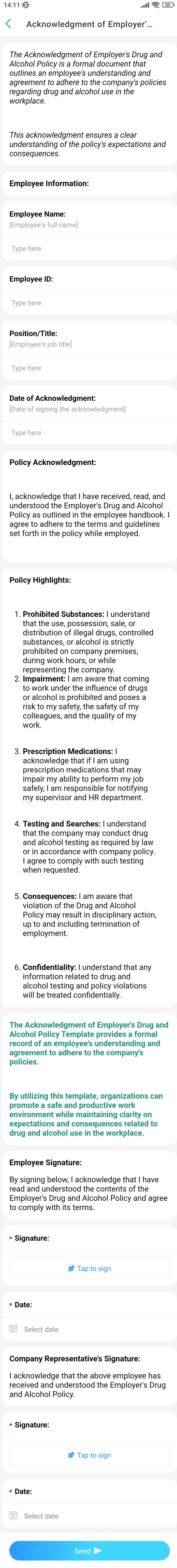 Acknowledgment of Employer's Drug and Alcohol Policy Template