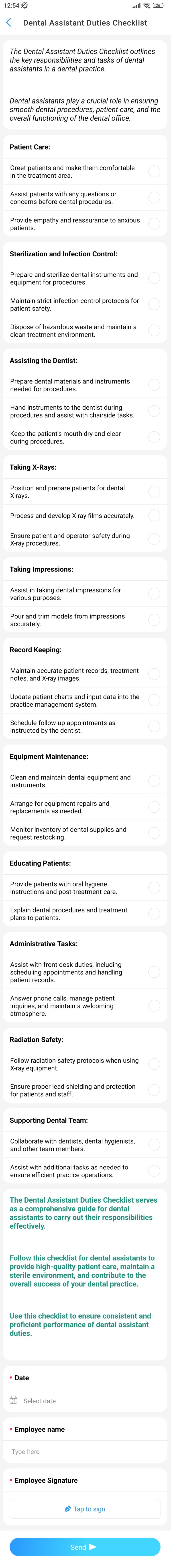 Dental Assistant Duties Checklist