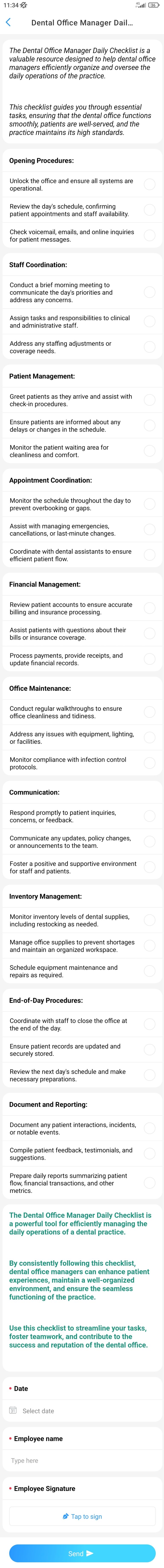 Dental Office Manager Daily Checklist